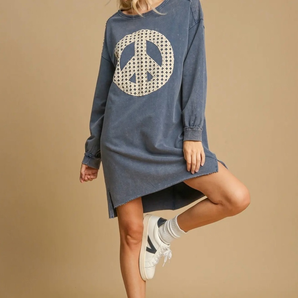 French Terry Blue Peace Sign Sweatshirt Dress